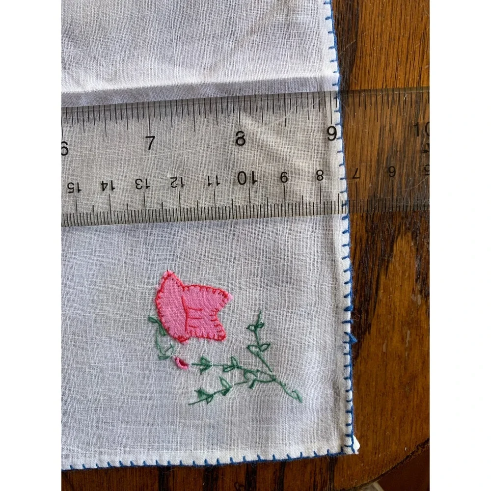 Vintage Hand Embroidered Floral Linen Cocktail Napkin Set of 5 White Pink Blue